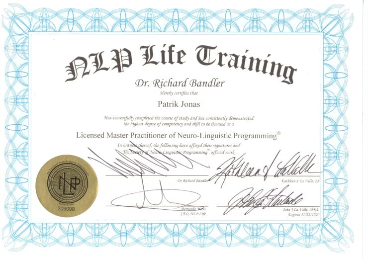 Patrik Jonáš Certifikovaný Licencovaný NLP Master Practitioner of Neuro-Linguistic Programming 2018