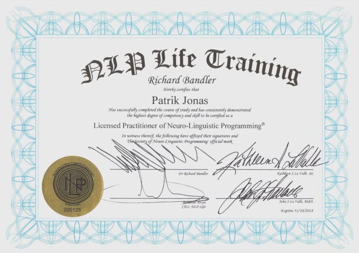 Patrik Jonáš Certifikovaný Licencovaný NLP Practitioner of Neuro-Linguistic Programming 2016